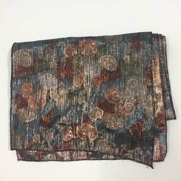 Vintage Scarf Metallic Silver Gold Copper Black Warm Fall Colors - Picture 8 of 13